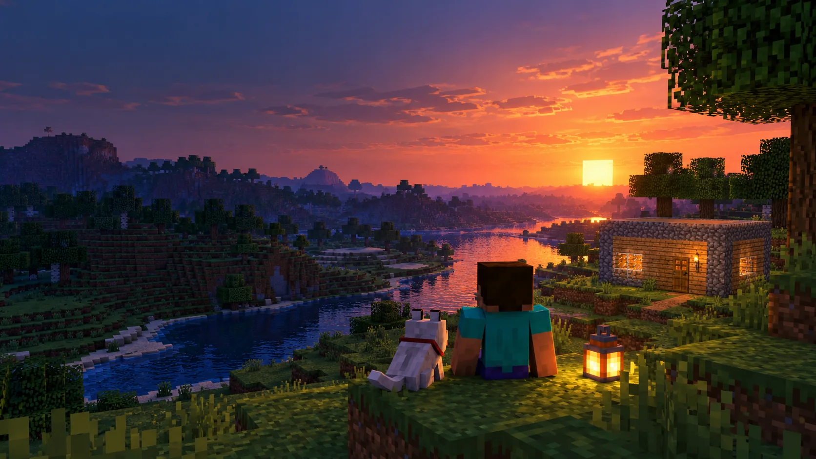 Hráč a vlk hledí do Minecraft údolí při západu slunce