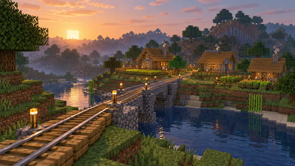Železnice mezi domy v Minecraft krajině