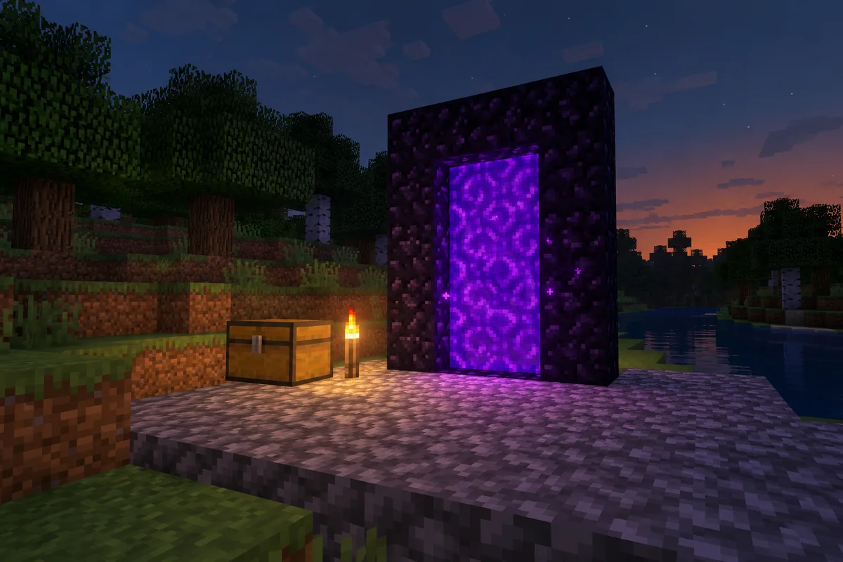 Jednoduchý obsidiánový portál v Minecraft lese